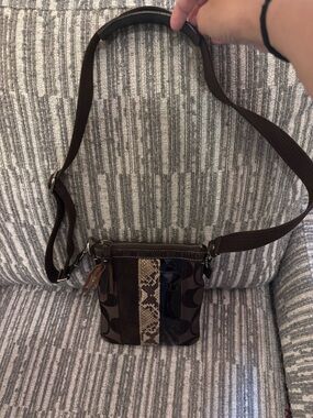Coach Brown Signature Jacquard Patchwork Shoulder Bag with Patent Accents